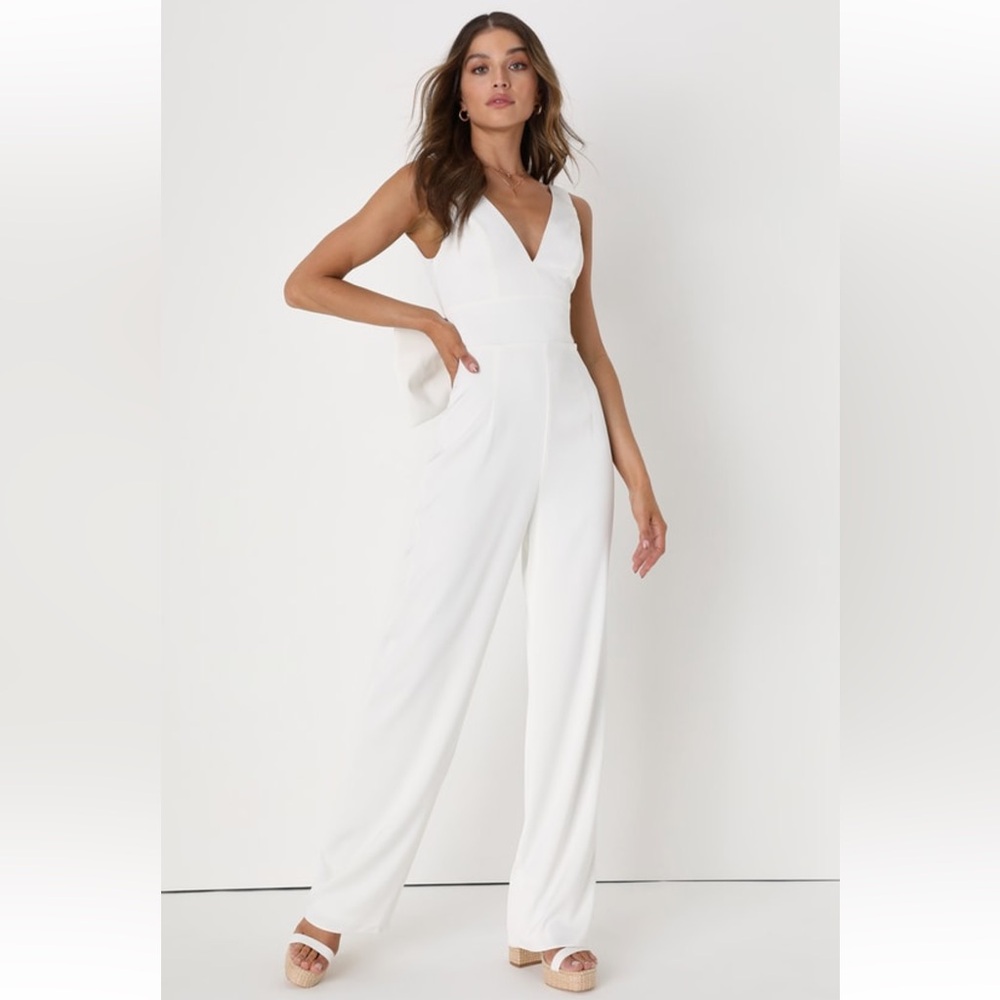 Lulus Angelic Aesthetic Ivory Satin Bow Back Sleeveless Jumpsuit | Bridal